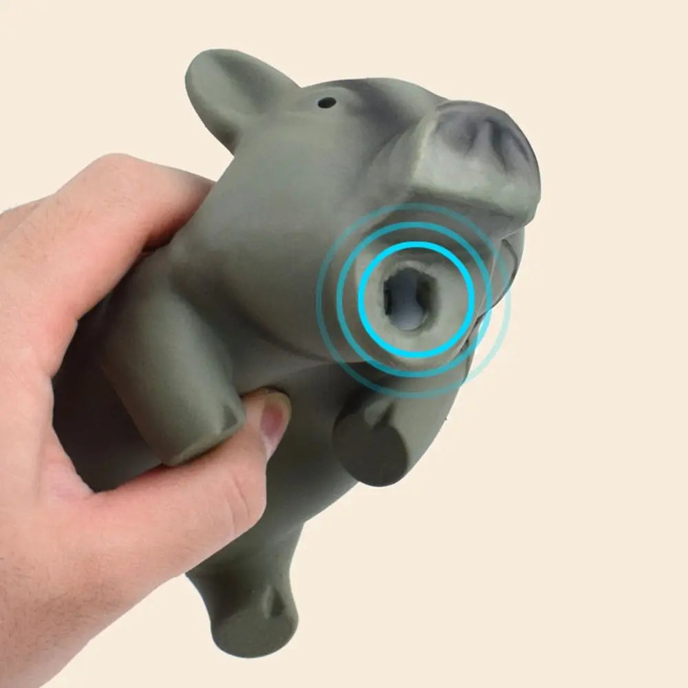 Cute yellow rubber pig dog toy with squeaking and grunting sounds, made from latex for chewing and play.