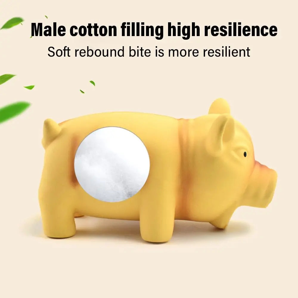 Yellow rubber sound pig dog toy with squeaker and latex material, designed for chewing and playful interaction.