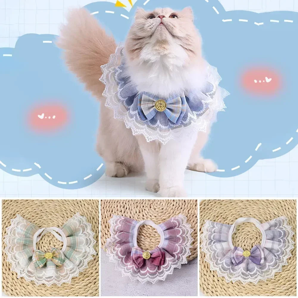 Soft green lace bow drool bib collar for cats and dogs, cute and delicate pet apparel with girly style.