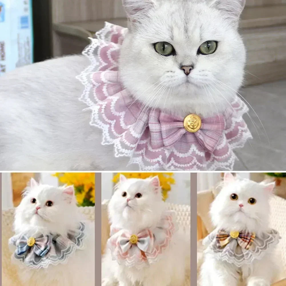 Green lace bow drool bib collar for cats and dogs, soft, delicate, cute pet apparel with girly style.