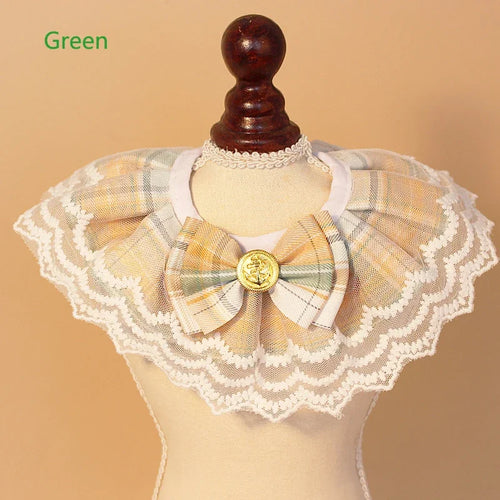Green lace bow drool bib collar for cats and dogs, soft and delicate pet apparel with a cute, girly style.