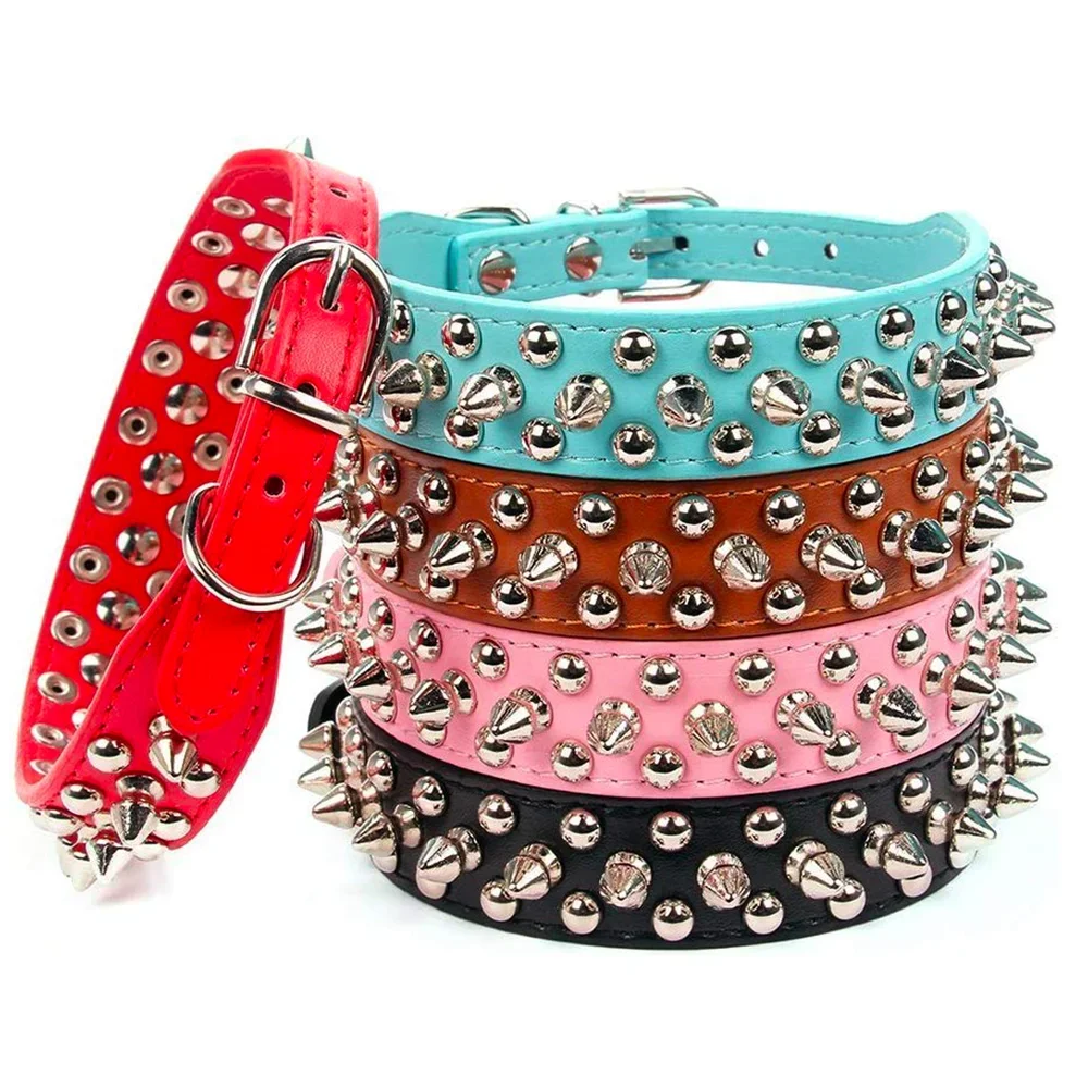 Pink adjustable leather pet dog collar with punk style, featuring sturdy PU leather strap and metal buckle for a secure fit.