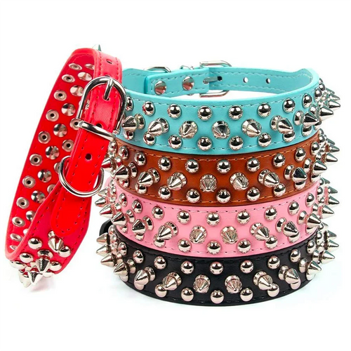 Pink adjustable leather pet dog collar with punk style, featuring sturdy PU leather strap and metal buckle for a secure fit.