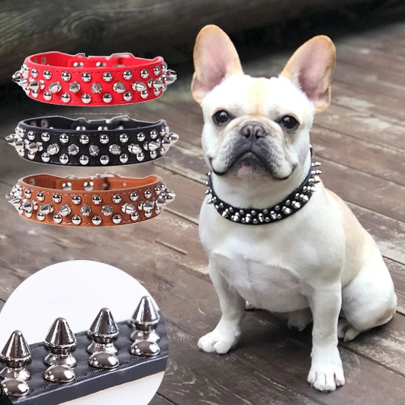 Pink adjustable leather dog collar with punk style design, featuring durable PU leather and metal buckle for secure fit.