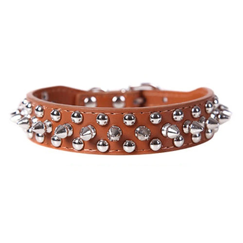Pink adjustable leather dog collar with punk design, featuring metal buckle and strap for pets, made from durable PU leather.