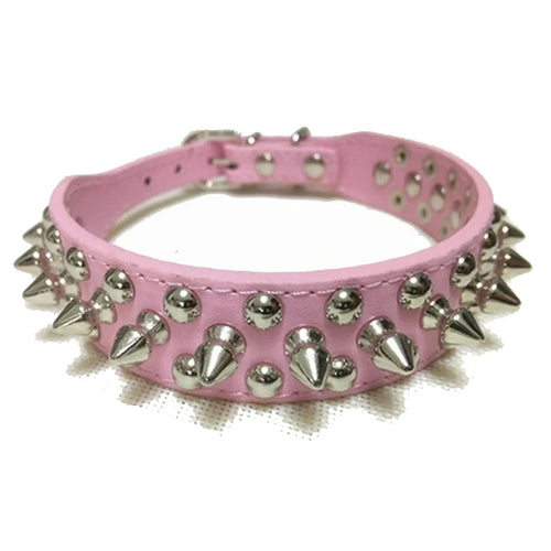 Pink adjustable leather dog collar with punk style, featuring a sturdy strap and metal buckle for pets.