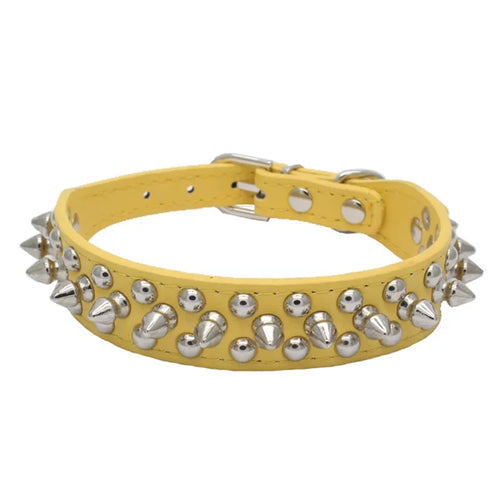 Pink adjustable leather dog collar with punk style, featuring metal buckle and durable PU leather, suitable for pets.