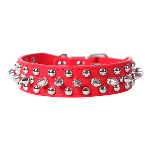Pink adjustable leather dog collar with punk style, featuring a durable PU leather neck strap for pets.