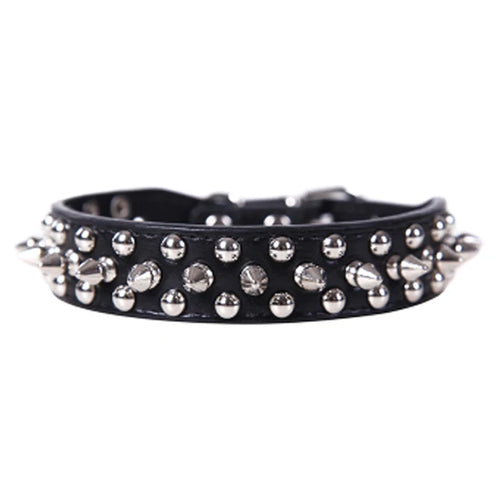 Pink adjustable leather dog collar with metal buckle and punk style, made of PU leather for pets.