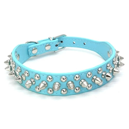 Pink adjustable leather dog collar with punk-style design, featuring a sturdy neck strap for pets.