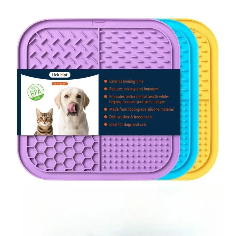 Lake blue silicone pet lick mat for dogs and cats, with suction cups and slow food plate design for engaging feeding.