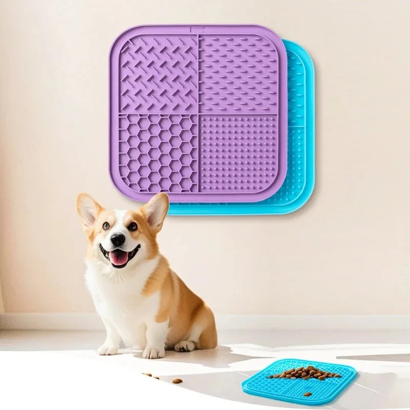 Blue silicone pet lick mat for dogs and cats with suction cups, designed as a slow food plate to keep pets entertained.
