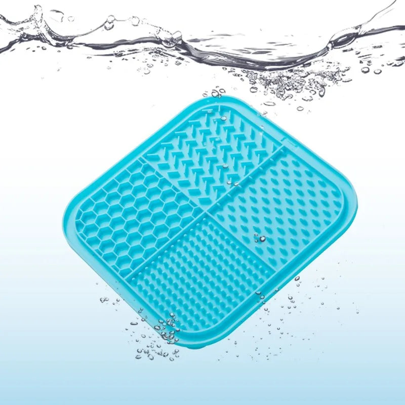 Lake blue silicone pet lick mat for dogs and cats with suction cups, 20cm slow food plate for calming and feeding.