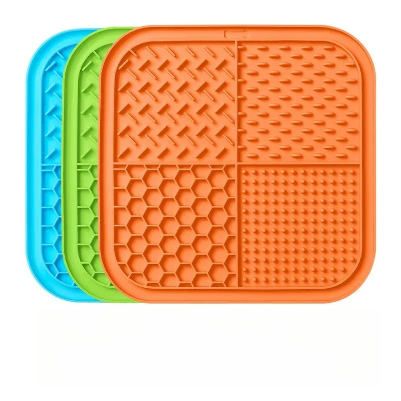 Lake blue silicone pet lick mat for dogs and cats with suction cups, designed as a slow food plate for pets.