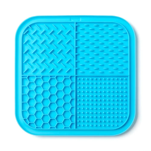 Lake blue silicone pet lick mat for dogs and cats with suction cups, designed as a slow food plate for calming and feeding.