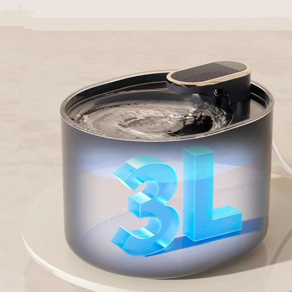 Black automatic pet water dispenser fountain for cats and dogs, mess-free drinking bowl with spill-proof design.