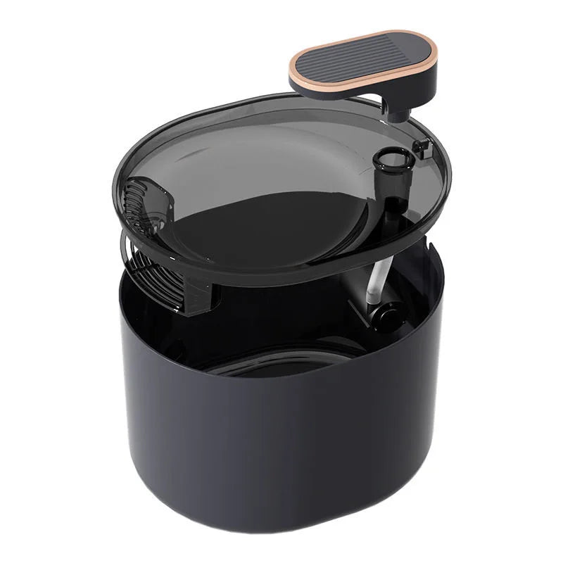 Black automatic pet water dispenser and fountain for cats and dogs, mess-free, spill-proof drinking bowl with no wet mouth.