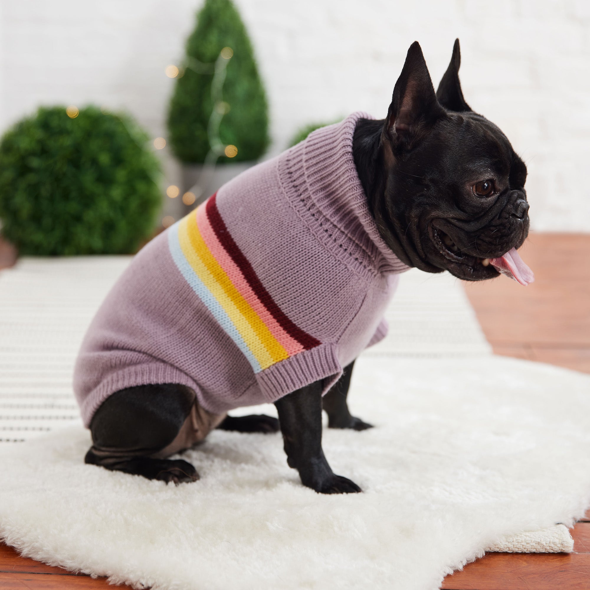 Lavender retro pet sweater by Beige Antigone, cozy lavender sweater for small dogs or cats, soft knit fabric.