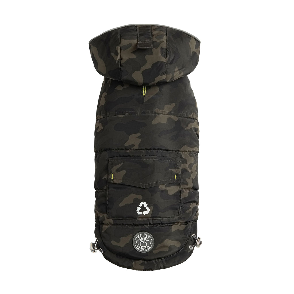 Beige Antigone recycled camouflage pet parka jacket with hood, designed for outdoor warmth and comfort.