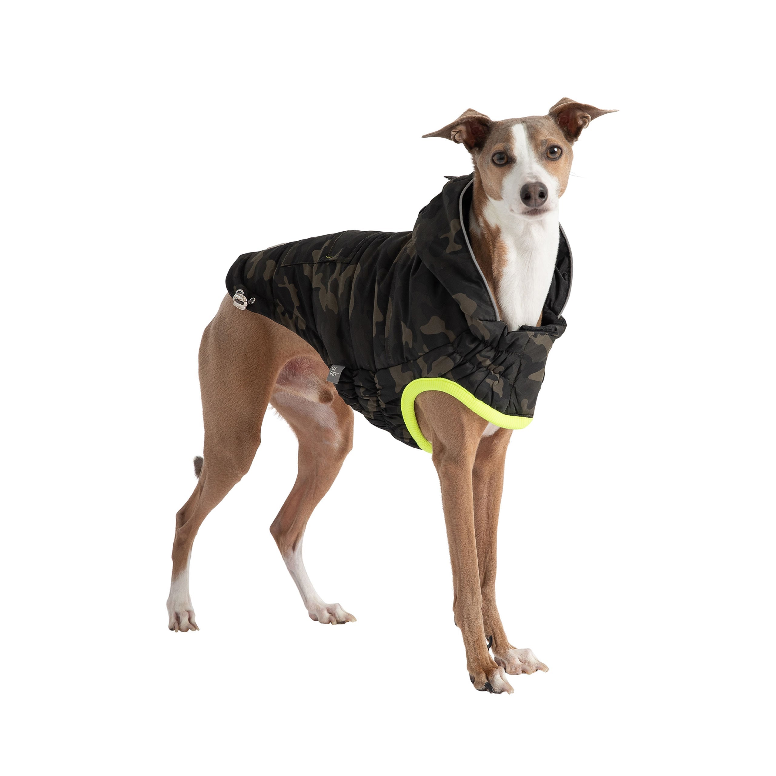 Beige Antigone recycled camouflage pet parka with hood, made for outdoor wear, featuring durable recycled fabric for pets.