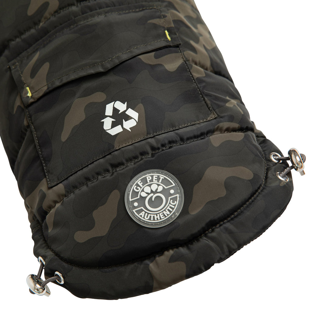 Beige Antigone recycled camouflage pet parka with hood, durable pet apparel for outdoor walks, made from eco-friendly materials.