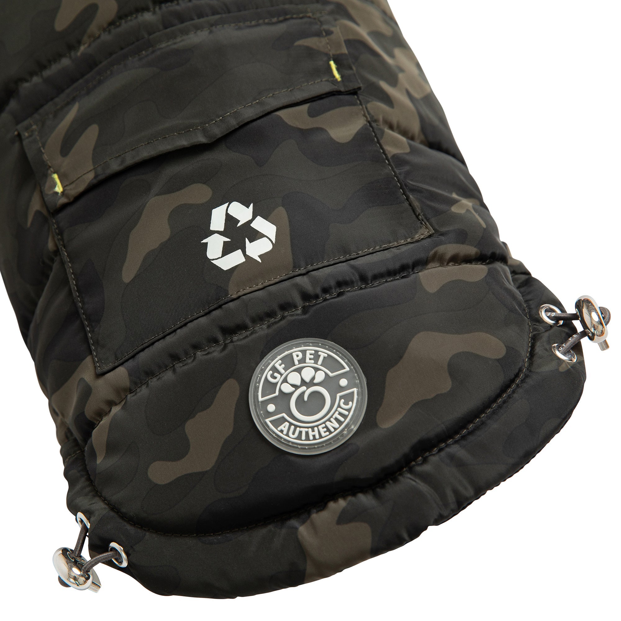 Beige Antigone recycled camouflage pet parka with hood, durable pet apparel for outdoor walks, made from eco-friendly materials.