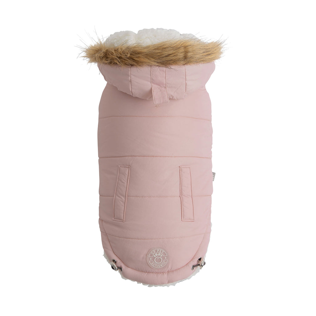 Pink Urban Parka for pets by Beige Antigone, showcasing a stylish pet apparel jacket with a cozy fit.