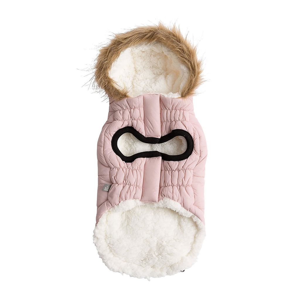 Pink Urban Parka for pets by Beige Antigone, stylish pet apparel with a cozy fit and vibrant pink color.