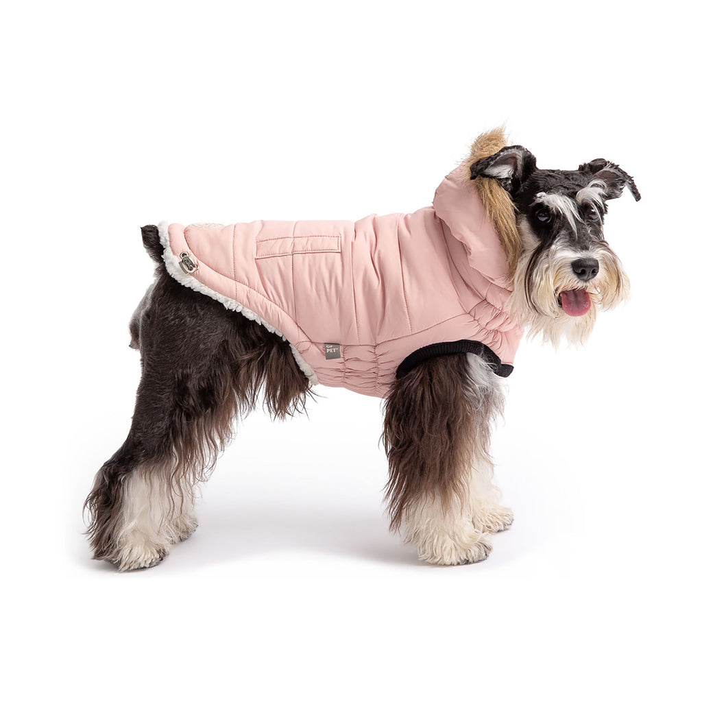 Pink Urban Parka for pets by Beige Antigone, lightweight pet apparel with a stylish pink design and comfortable fit.