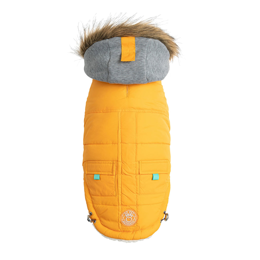 Yellow dog winter coat, beige Antigone sailor parka jacket for pets, with a leash and collar set on a white background.