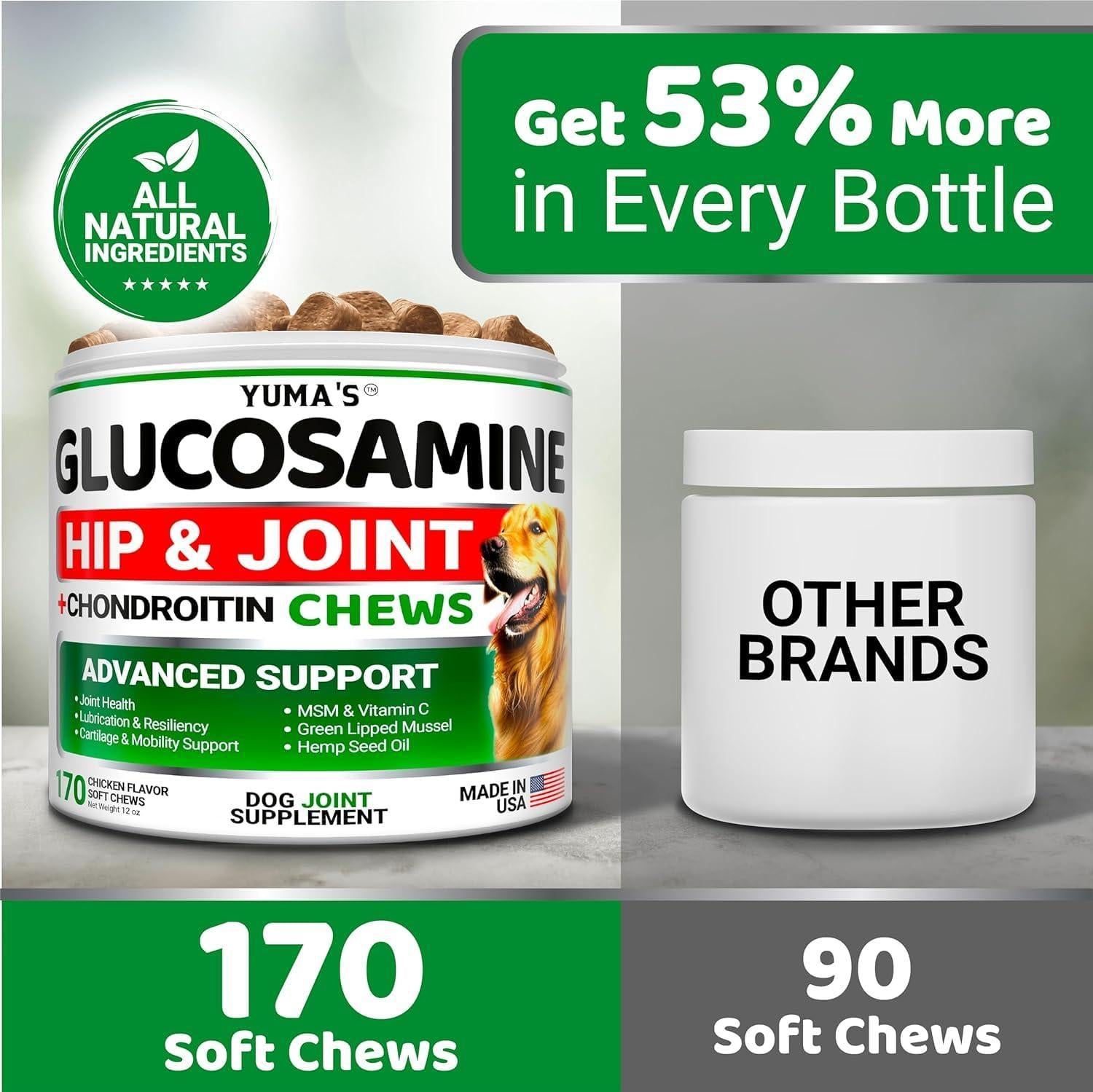 Two bottles of Brandywines Time Glucosamine for Dogs with Chondroitin, joint pain relief, made in USA, in clear packaging.