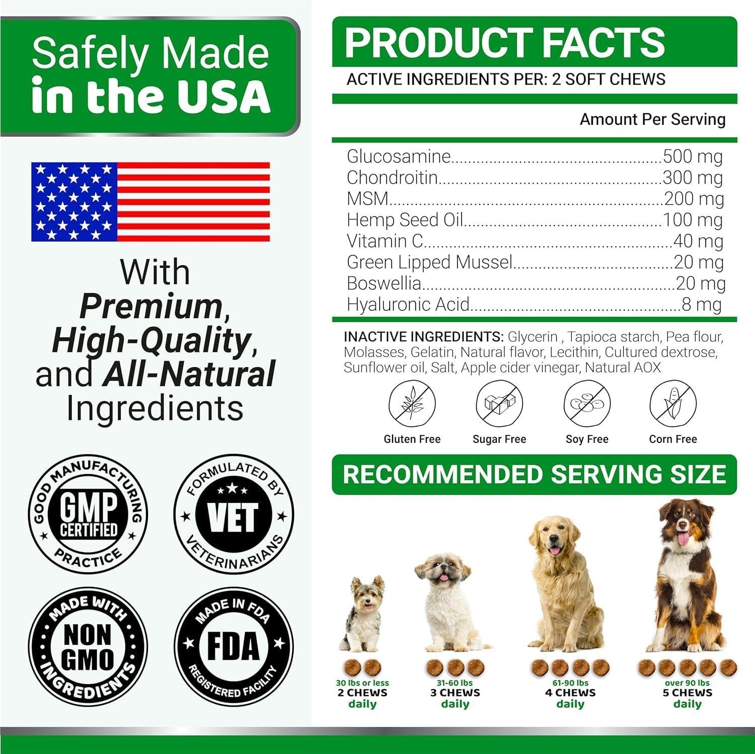 Two bottles of Brandywines Time glucosamine for dogs with chondroitin, joint pain relief supplement, made in the USA.