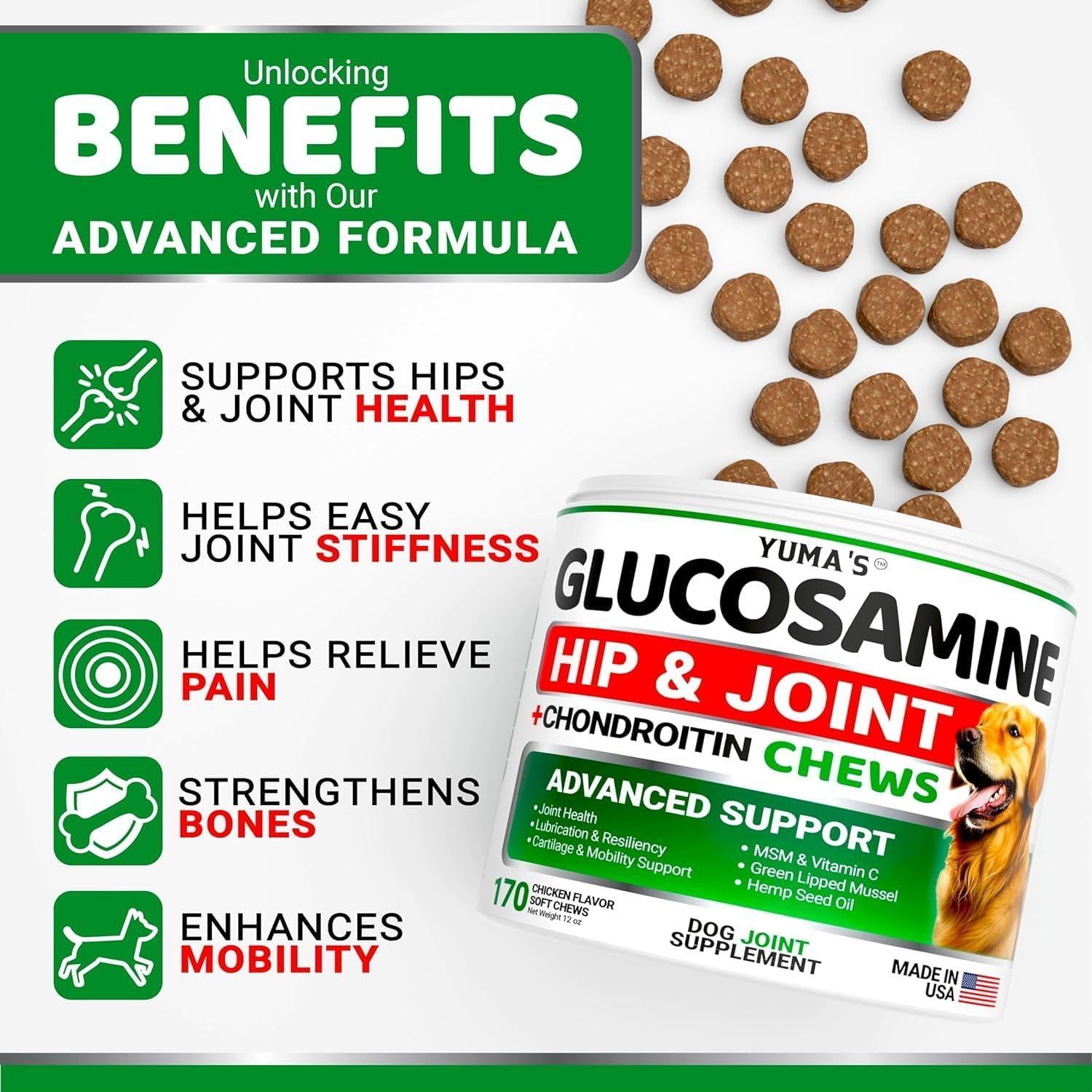 Two bottles of Brandywines Time Glucosamine for Dogs with Chondroitin, joint pain relief, made in the USA, for pet health.