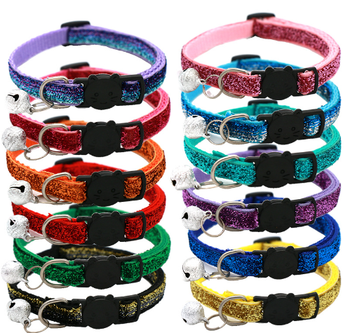 Colorful adjustable cat collar with bell from Brandywines Time, featuring a blue strap and a small bell for pets.