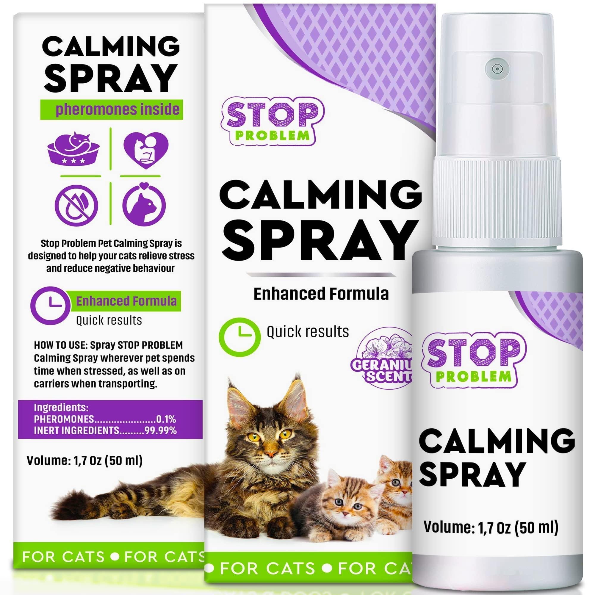 Brandywines Time calming pheromone spray for cats, featuring a spray bottle, designed to reduce stress and discourage scratching.