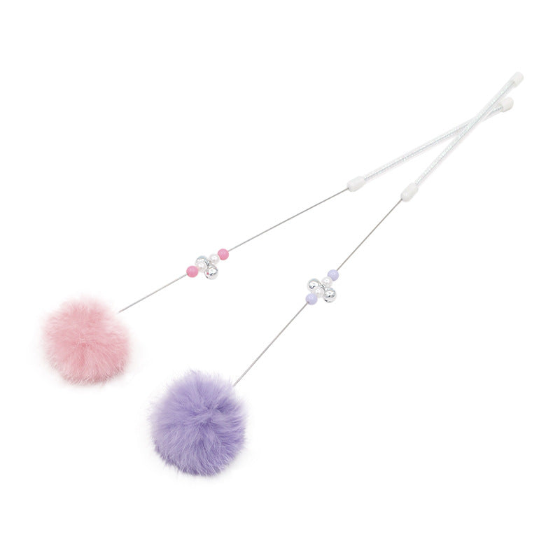 Colorful pom-pom cat teaser wand with bell from Brandywines Time, featuring a grey handle and vibrant pom-pom for playful fun.