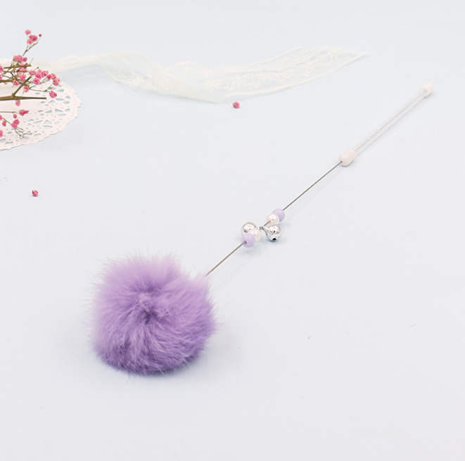 Colorful Pom Pom Cat Teaser Wand with Bell toy by Brandywines Time, featuring a grey handle and vibrant pom poms for interactive play.