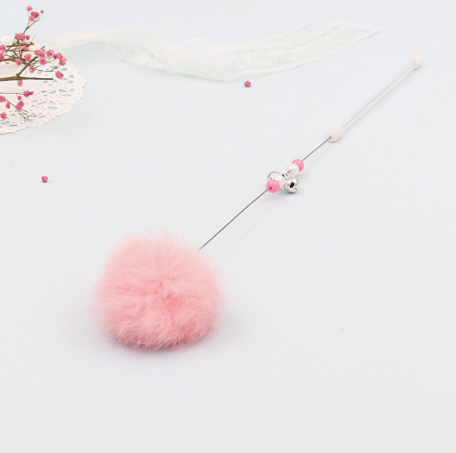 Colorful pom-pom cat teaser wand with bell toy by Brandywines Time, featuring a grey handle and vibrant pom-poms for playful fun.