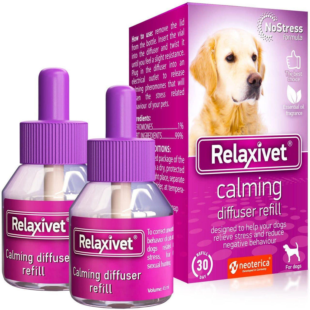 Brandywines Time dog calming pheromone diffuser refill 2-pack, designed to reduce anxiety in pets, improved in Germany.