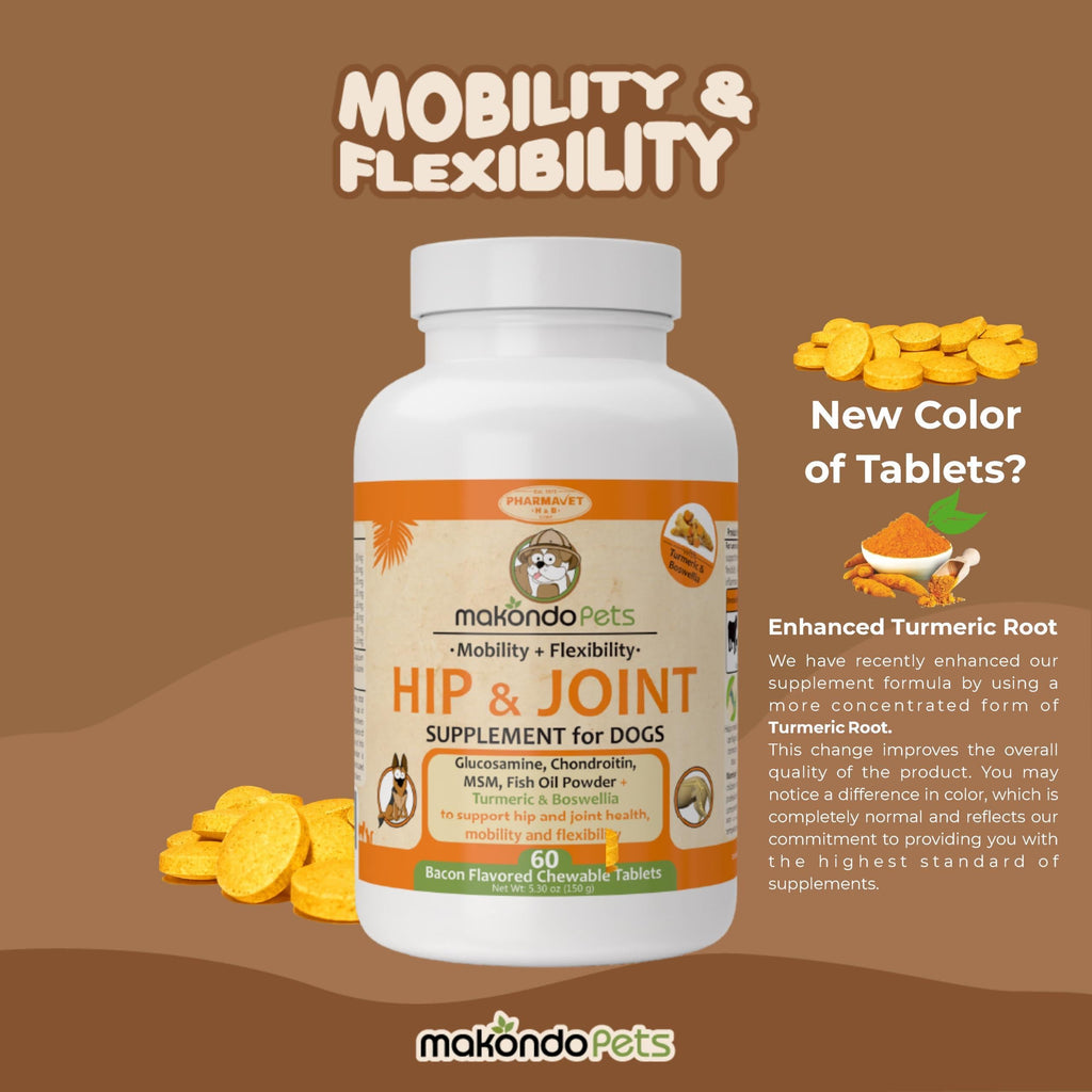 Dog hip and joint supplement with glucosamine, turmeric, chondroitin, and MSM by Brandywines Time for mobility support.
