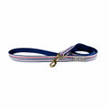 Brandywines Time Chambray Classic Oxford Ribbon Dog Leash with gold accents, durable fabric and stylish design for walking dogs.