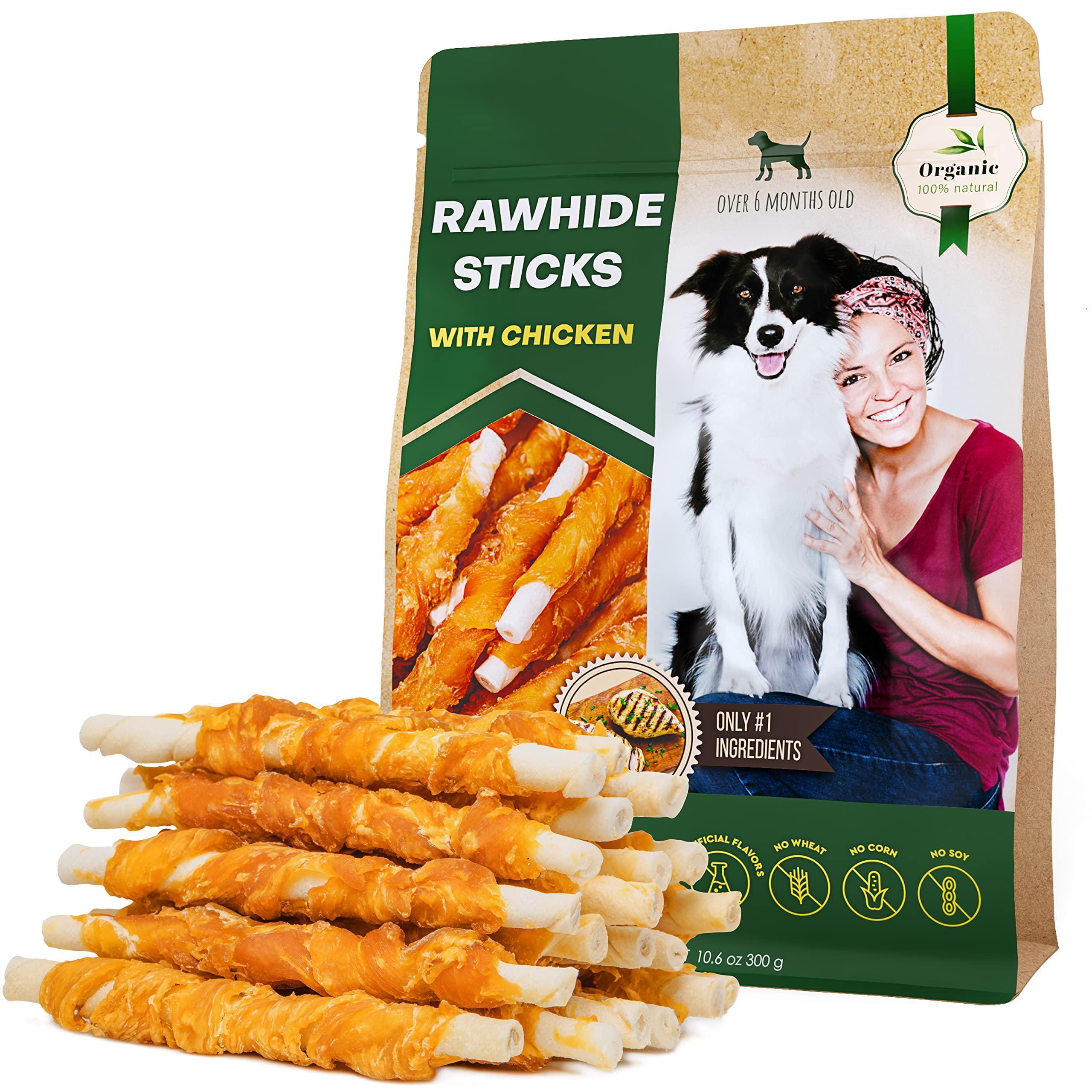 Dog rawhide sticks wrapped with chicken, natural grain-free chew treats for dogs, by Brandywines Time.