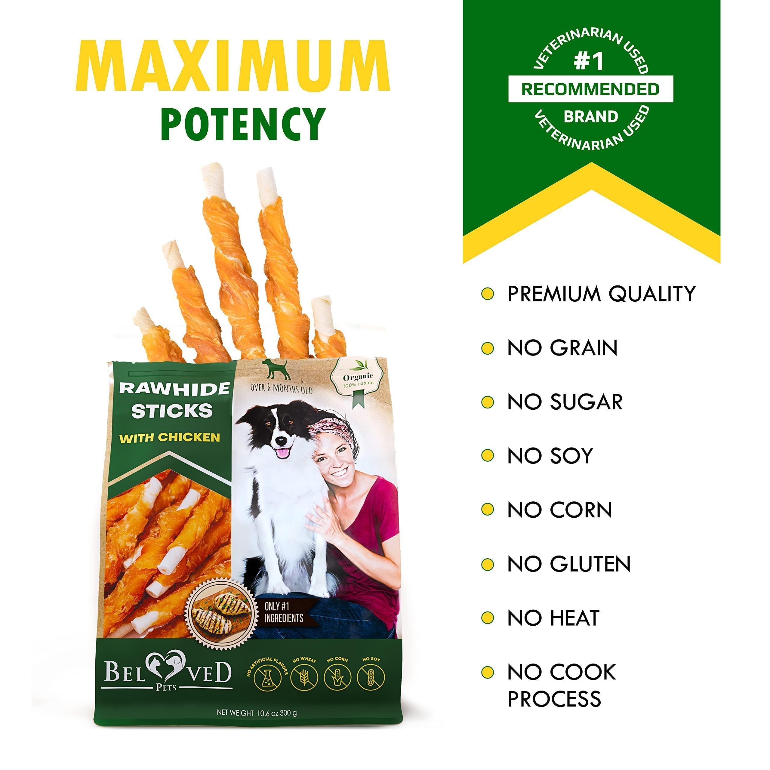 Dog rawhide sticks wrapped with chicken, grain-free natural chew treats for dogs by Brandywines Time.