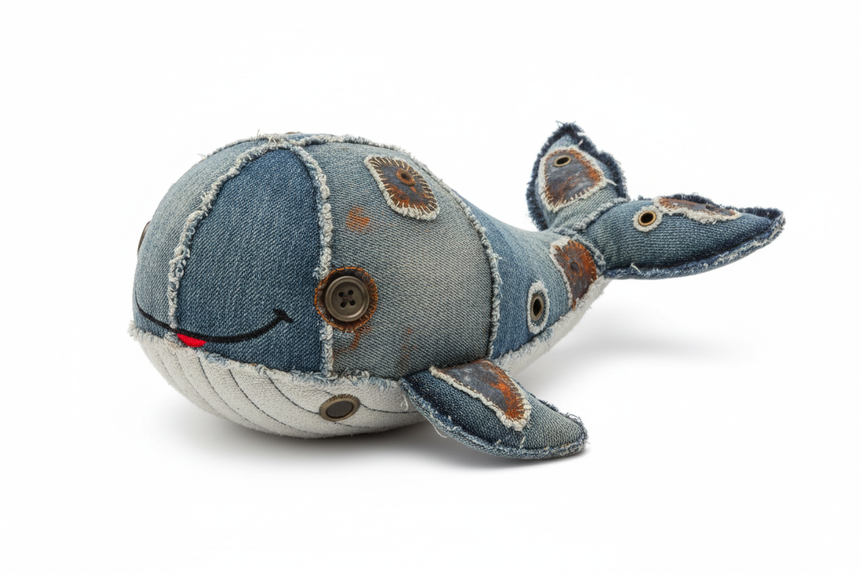 Brandywines Time Denim Squeaky Dog Toy with plush wubby texture, ideal for dogs to chew and play.