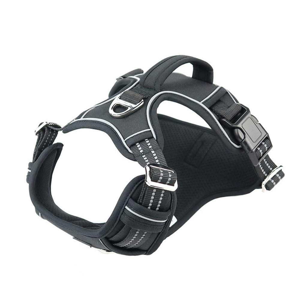 Black dog harness by Brandywines Time featuring waterproof material and a vertical handle for secure control.