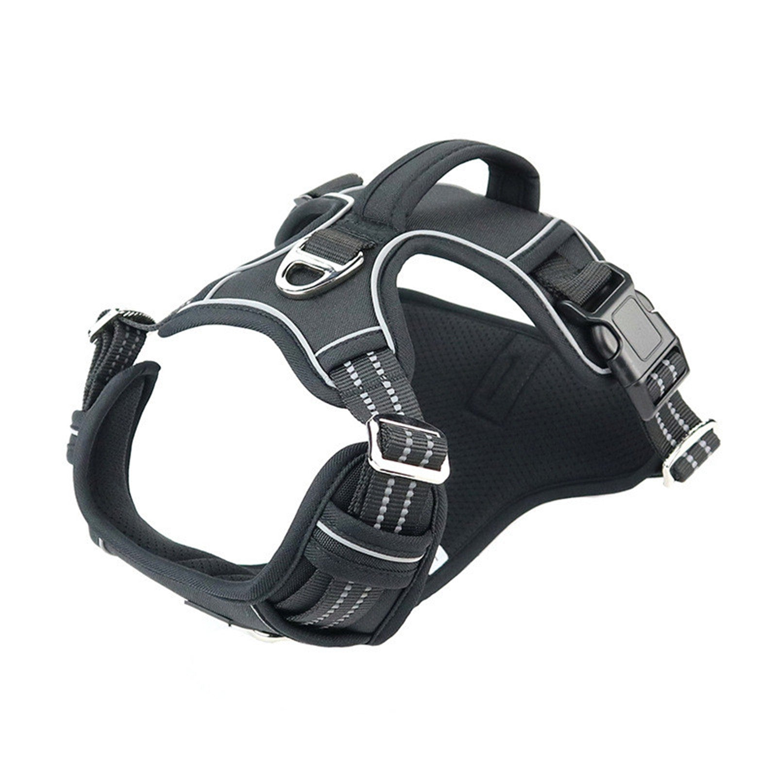 Black dog harness by Brandywines Time featuring waterproof material and a vertical handle for secure control.
