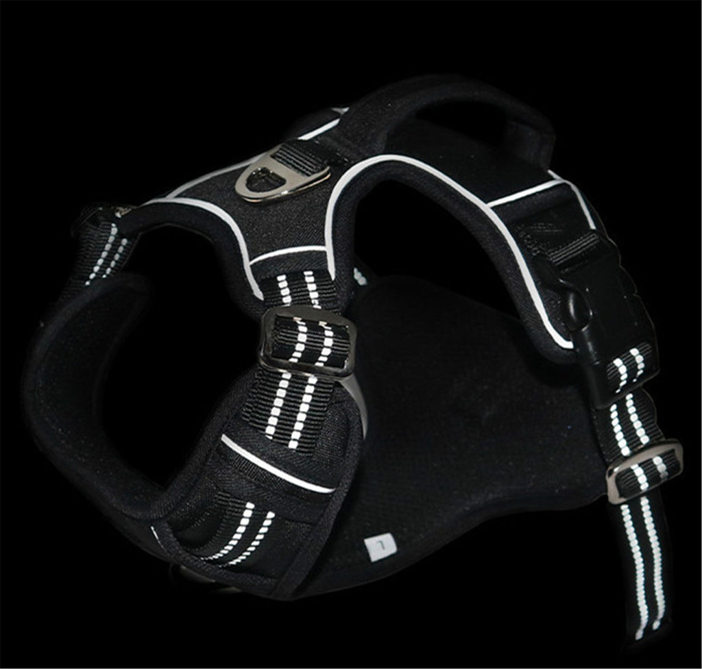 Black waterproof dog harness with vertical handle from Brandywines Time, featuring adjustable straps and secure fit.