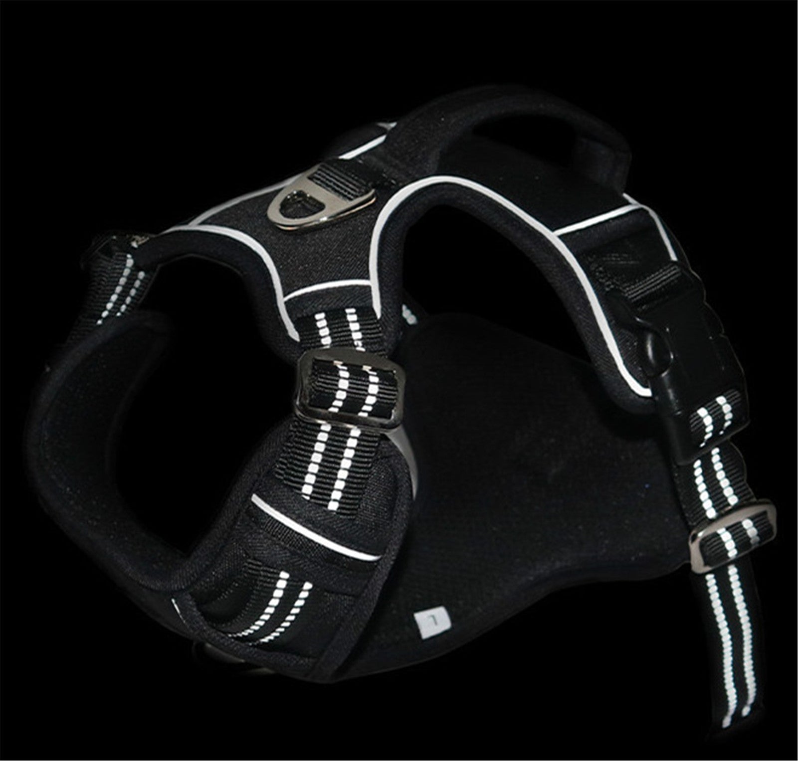 Black waterproof dog harness with vertical handle from Brandywines Time, featuring adjustable straps and secure fit.