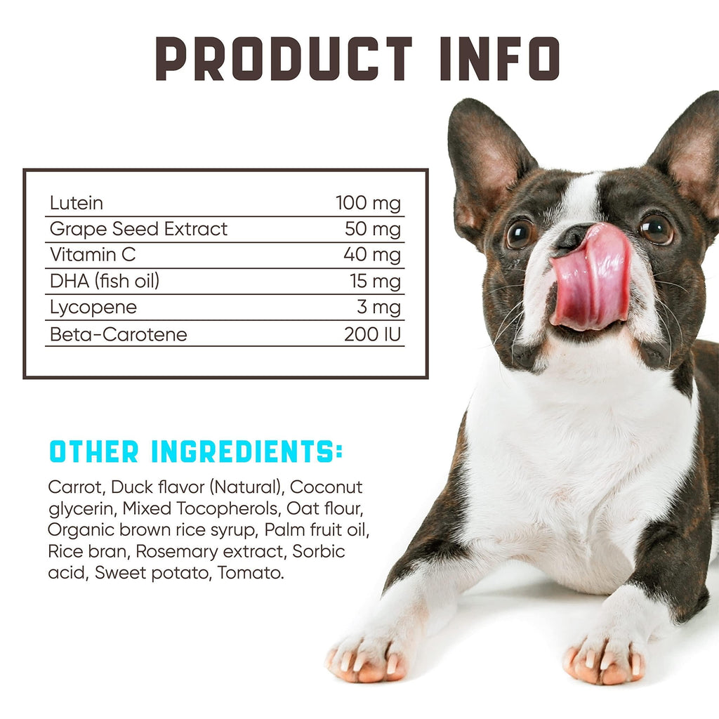 Dog eye vitamins by Brandywines Time in duck flavor, pet supplement for eye health and tear stain reduction for dogs.