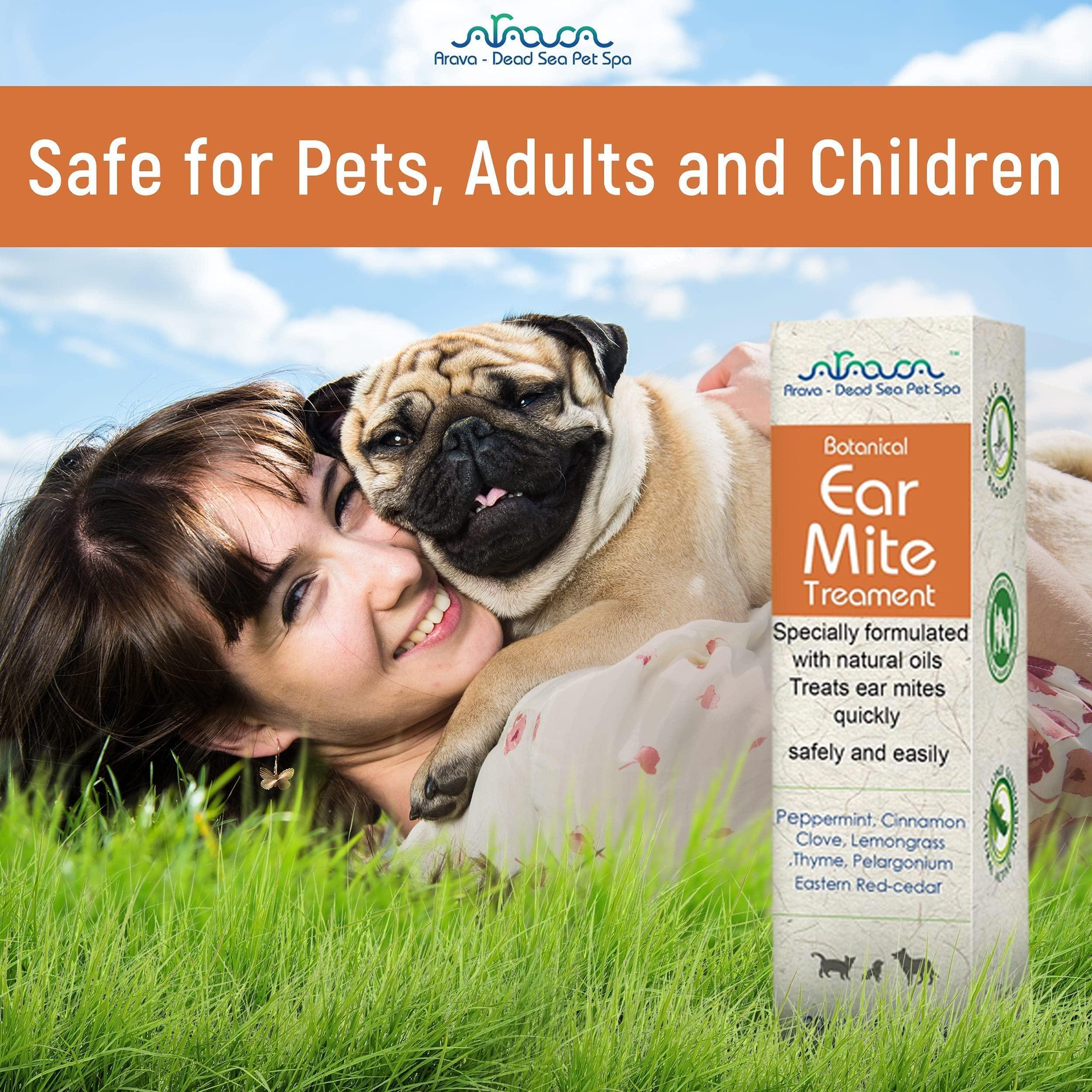 Brandywines Time natural pet ear mite treatment for dogs and cats, showing the bottle and applicator for ear mite removal and cleaning.